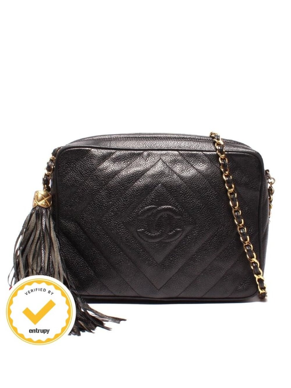 Chanel Chain Shoulder Bag CC Logo with Tassel Chez Blanc Stitching Gold Caviar